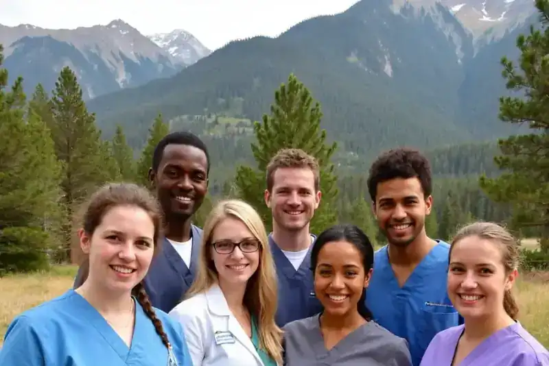Colorado CareAssist caregivers smiling together in front of the Rocky Mountains